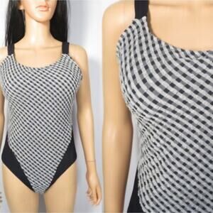 Vintage 90s Jantzen Textured Plaid Black & White One Piece Swimsuit Size Large L